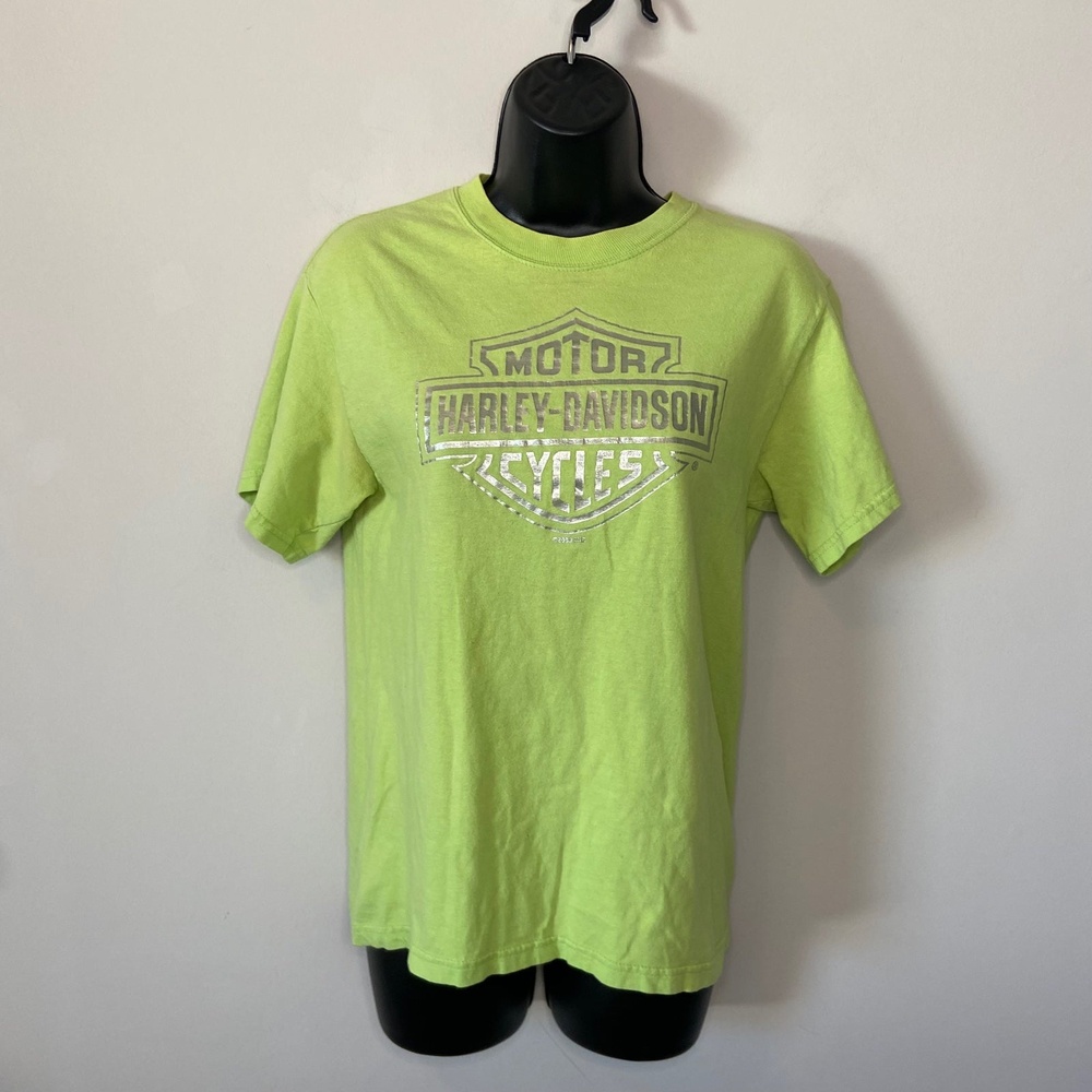 Harley Davidson Y2K Neon Lime Green Alabama Graphic Tee Shirt Size Small